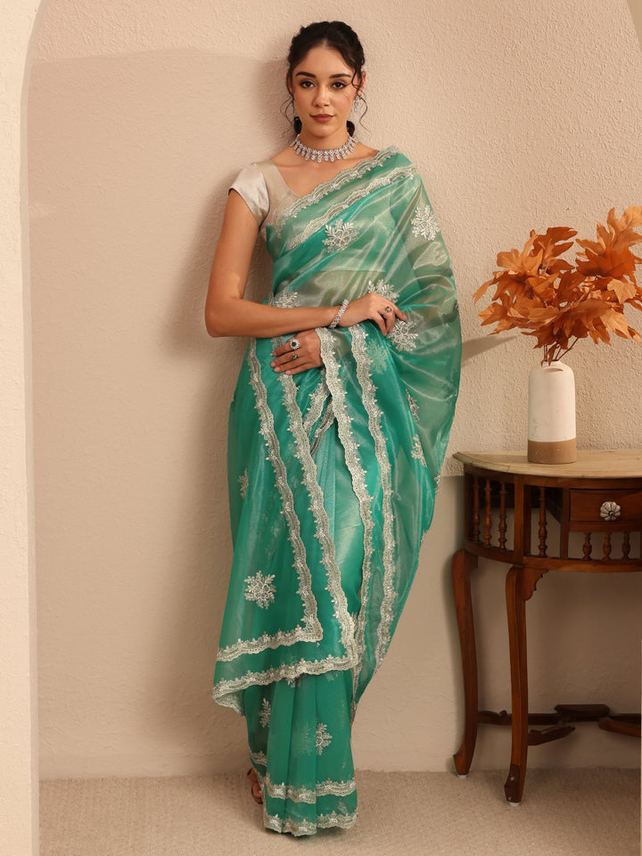 Libas Seafoam Green Floral Embellished Net Saree