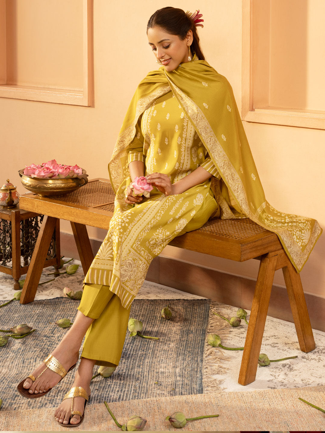 Mustard Printed Silk Blend Straight Suit Set With Dupatta