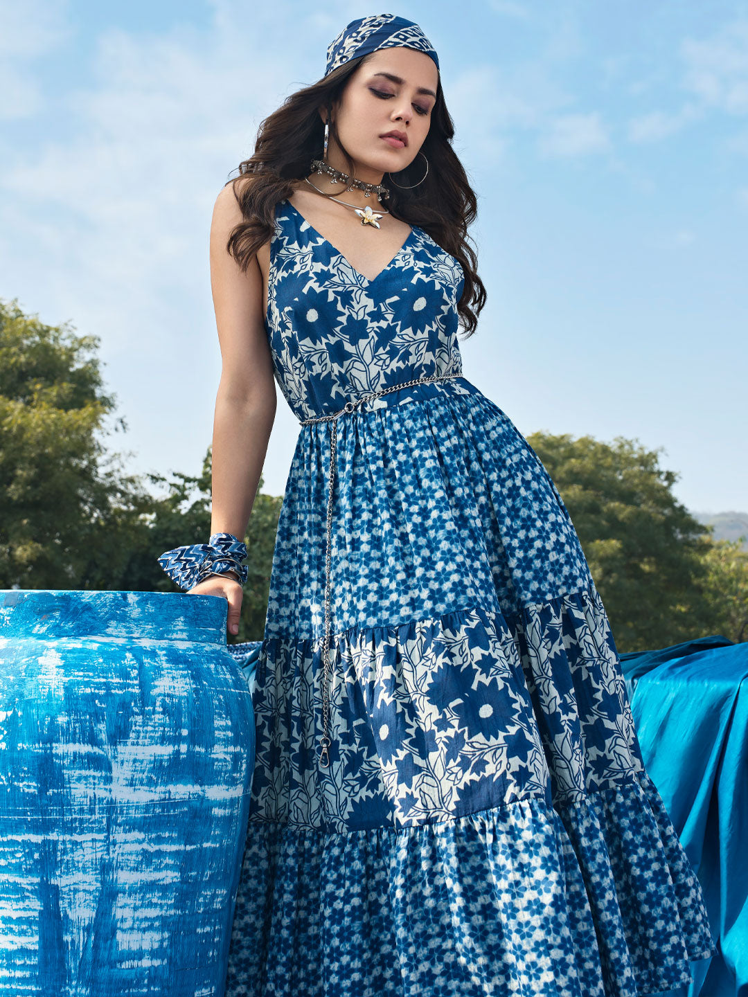 Indigo Printed Cotton Fit and Flare One Piece Dress