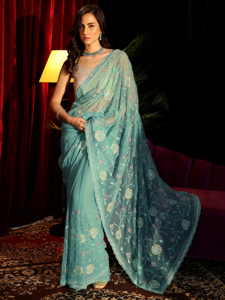 Libas Sky Blue Floral Embroidered Chiffon Saree