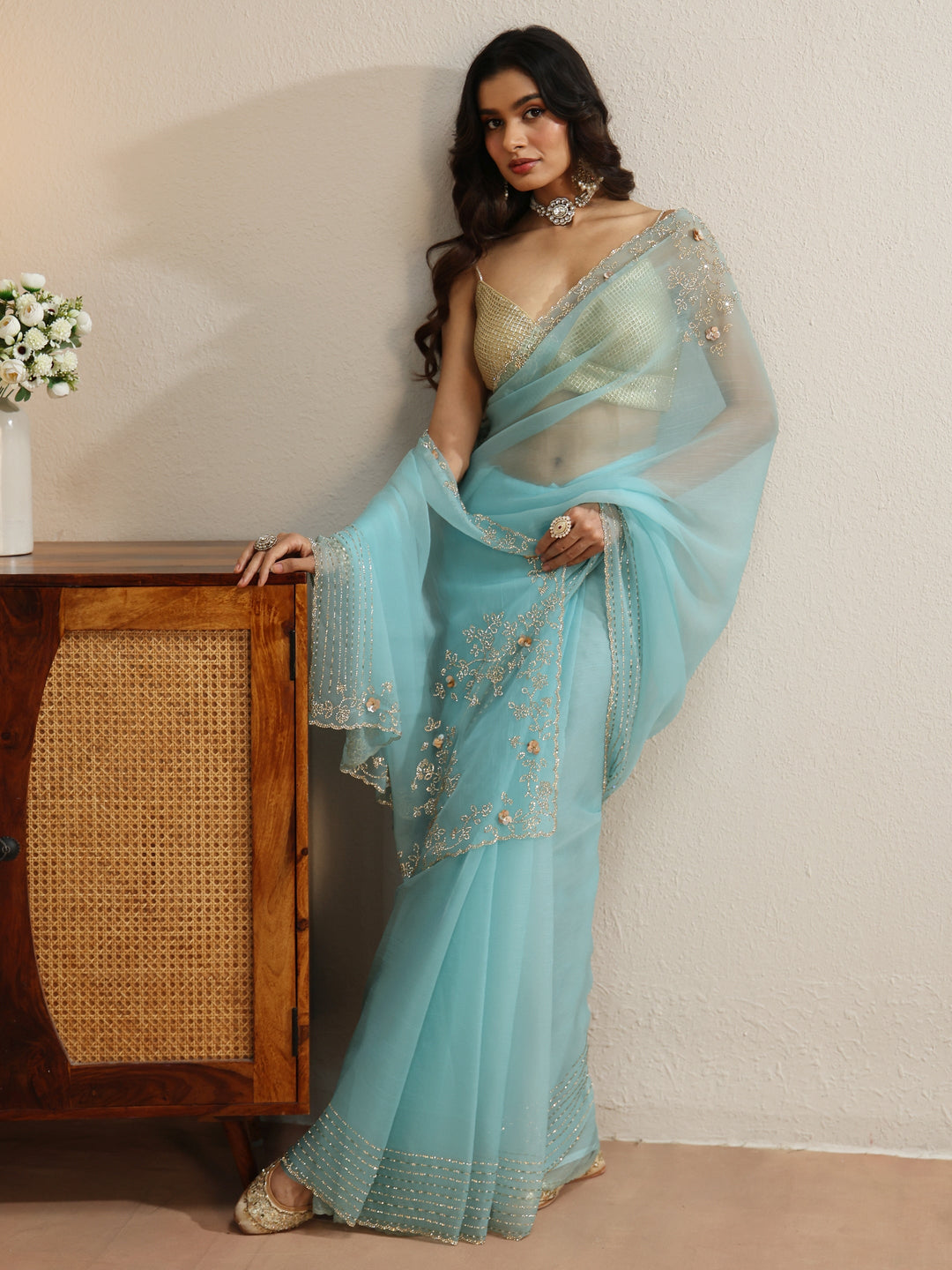 Libas Sky Blue Georgette Saree with Embellished Border