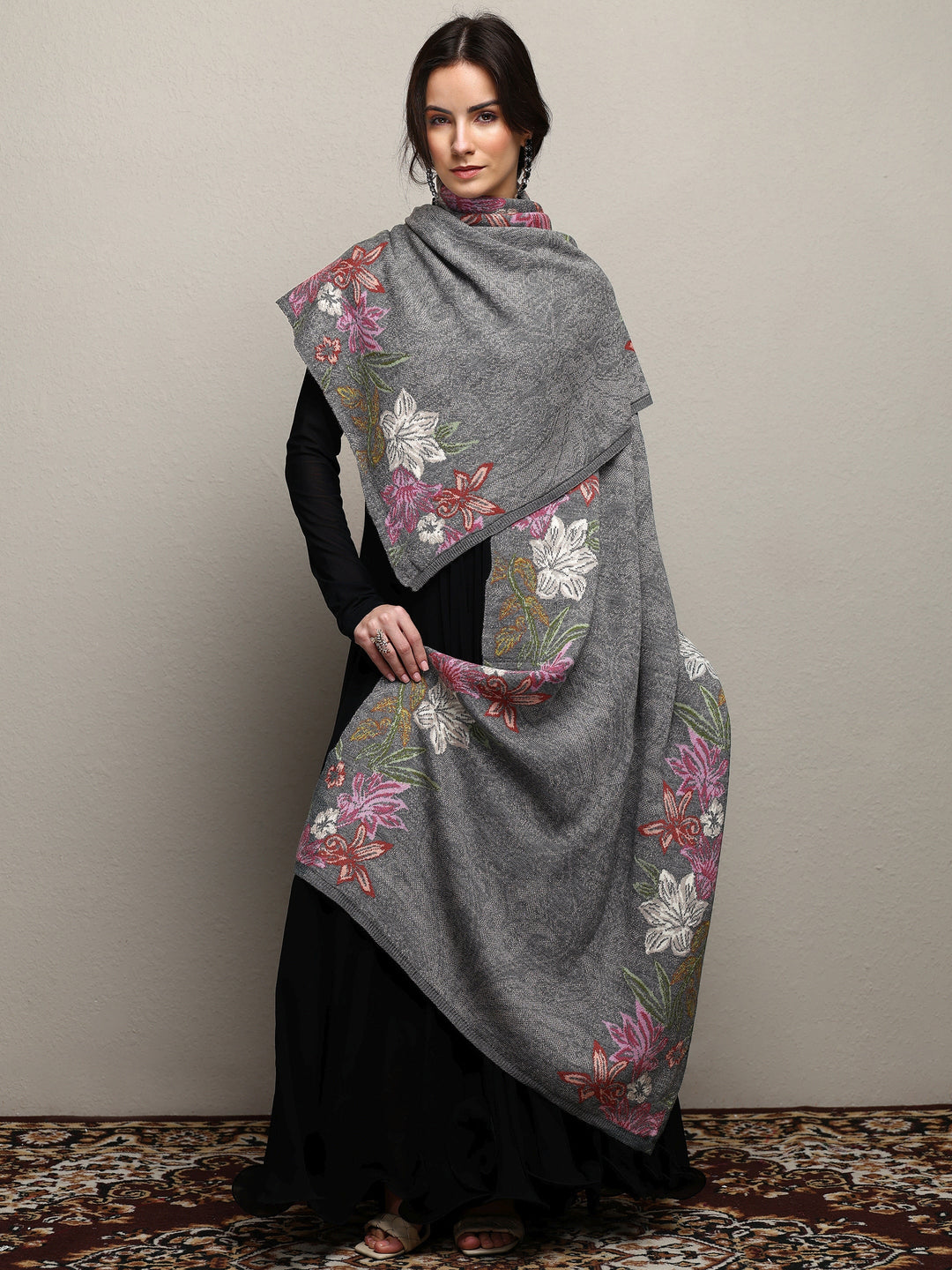 Grey Woven Design Wool Women'S Shawl