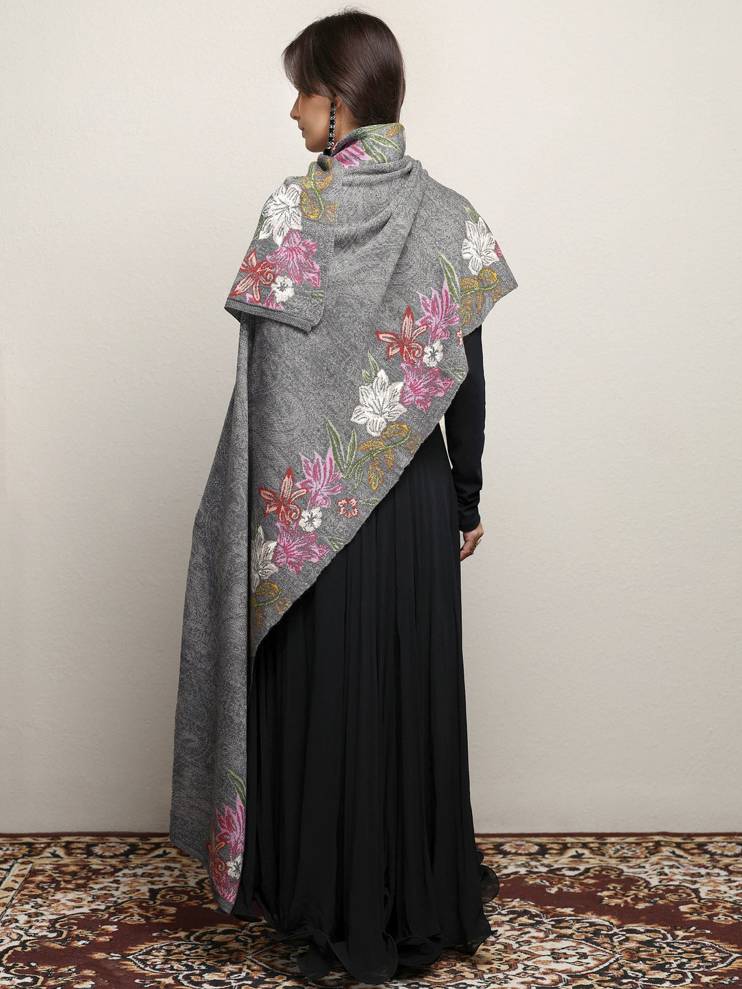 Grey Woven Design Wool Women'S Shawl