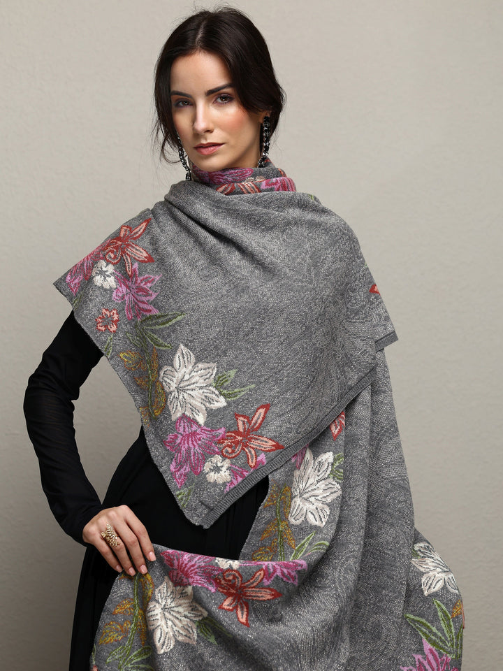 Grey Woven Design Wool Women'S Shawl