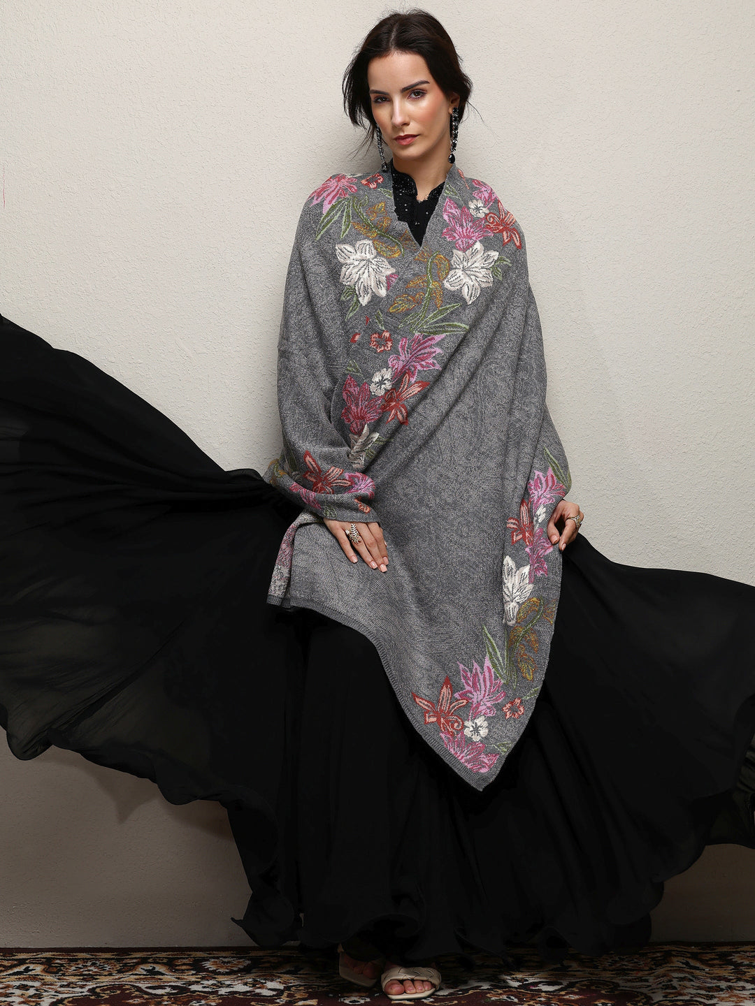 Grey Woven Design Wool Women'S Shawl