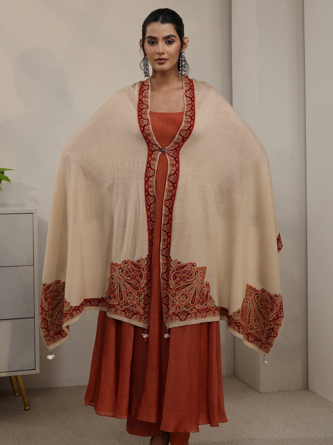 Libas Beige Paisley Knitted Acrylic Wrap Shawl