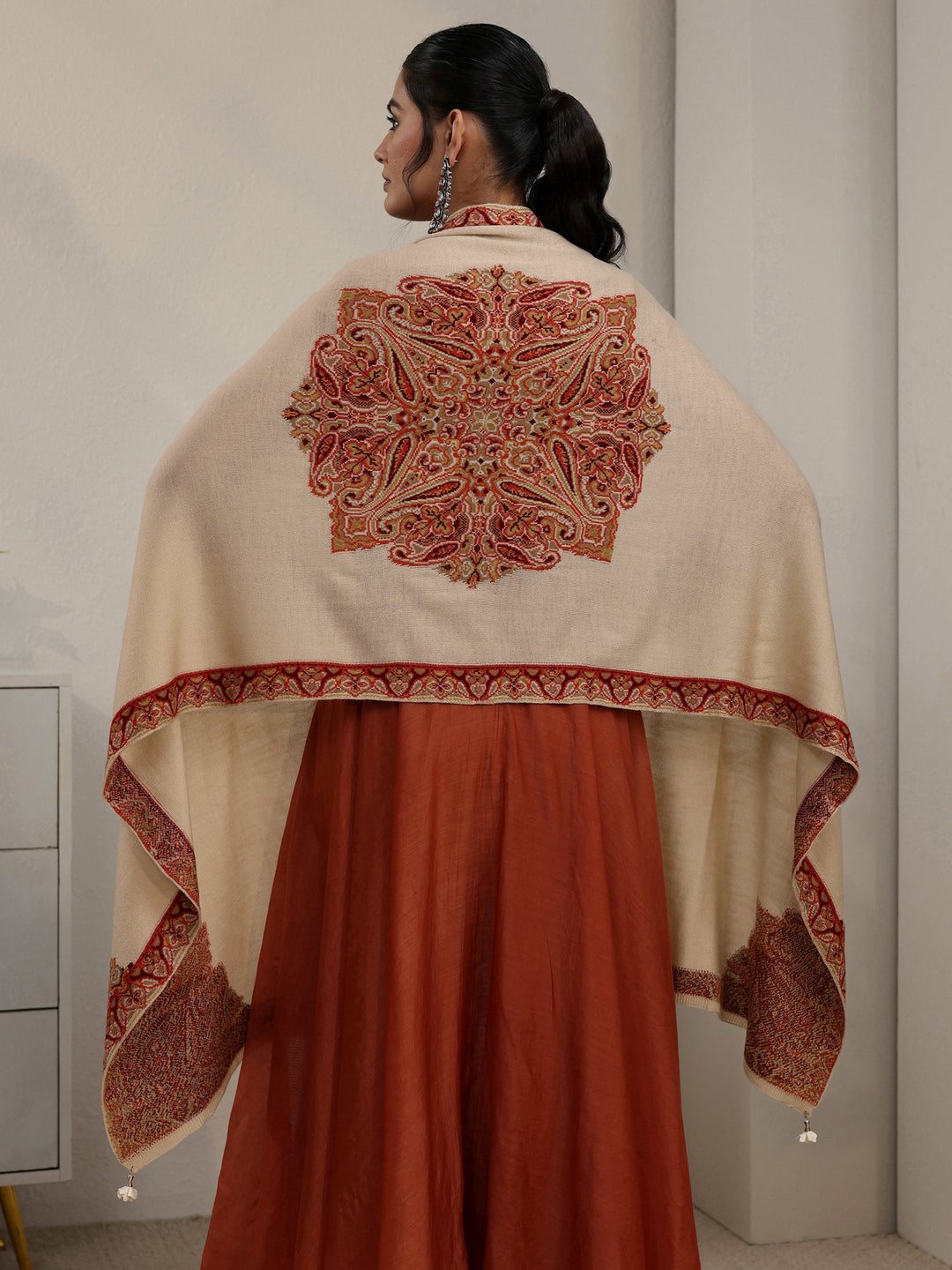 Libas Beige Paisley Knitted Acrylic Wrap Shawl