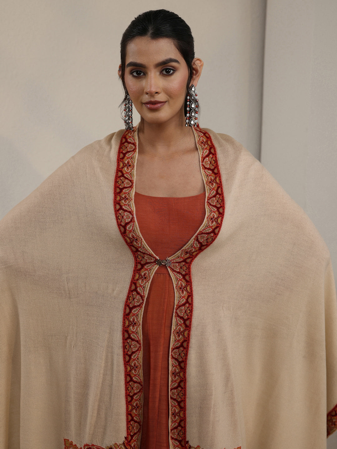 Libas Beige Paisley Knitted Acrylic Wrap Shawl