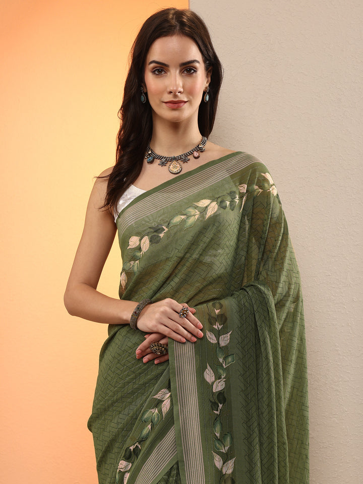 Green Tribal Printed Georgette Saree With Unstitched Blouse Piece