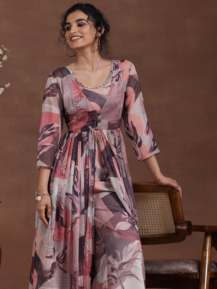 Grey Printed Chiffon 3 Piece Co-Ords