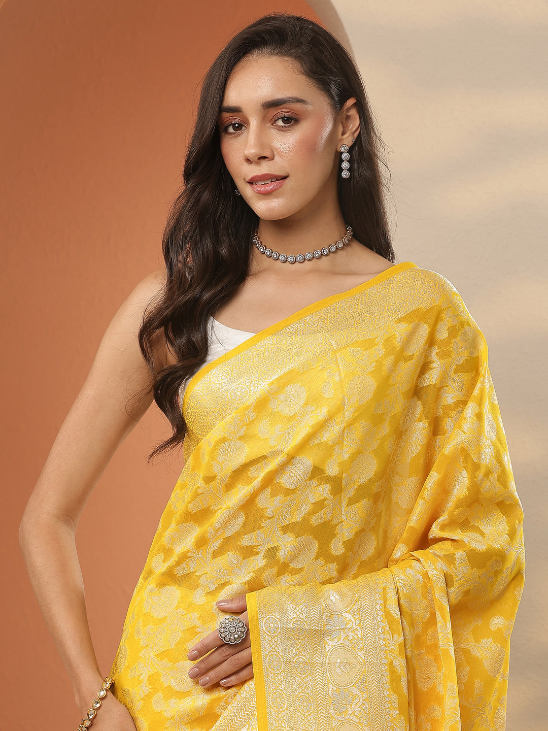 Yellow Woven Design Pure Georgette Saree With Unstitched Blouse Piece