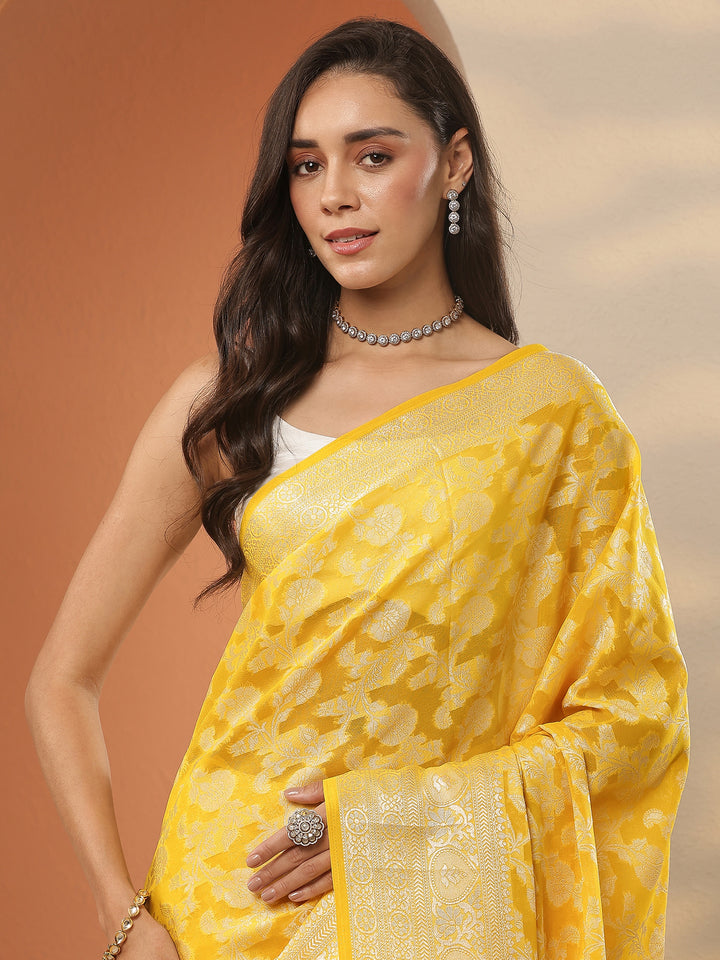 Yellow Woven Design Pure Georgette Saree With Unstitched Blouse Piece