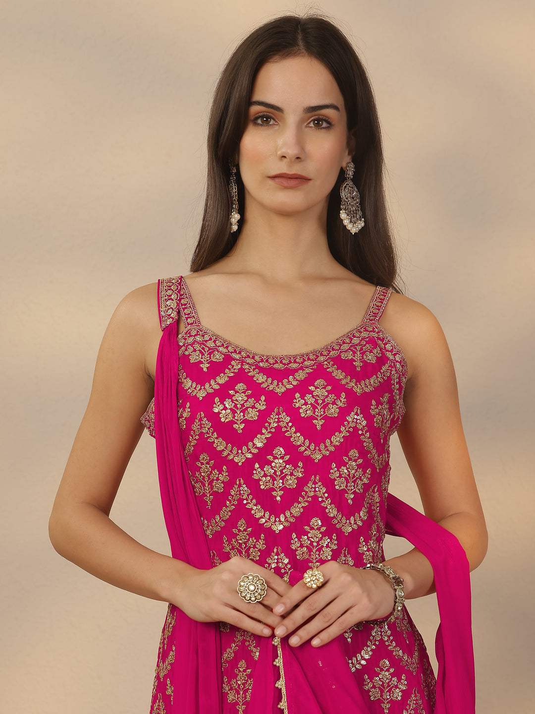 Libas Art Pink Embroidered Chinon Straight Suit Set With Dupatta