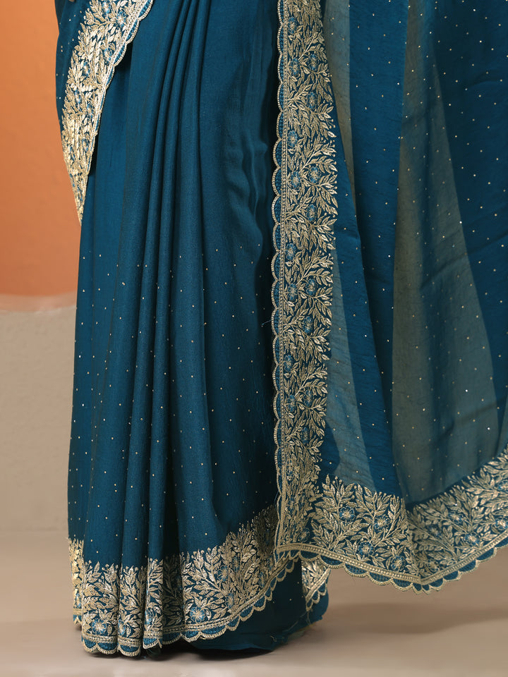 Blue Embellished Chinon Saree With Unstitched Blouse Piece