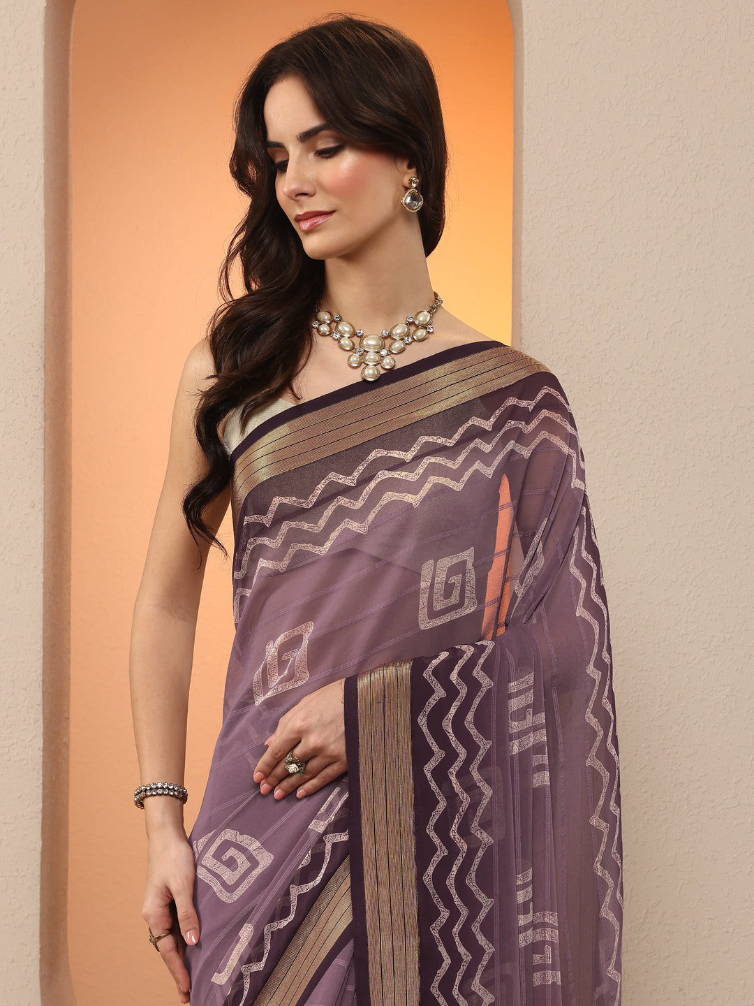 Purple Printed Georgette Saree With Unstitched Blouse Piece