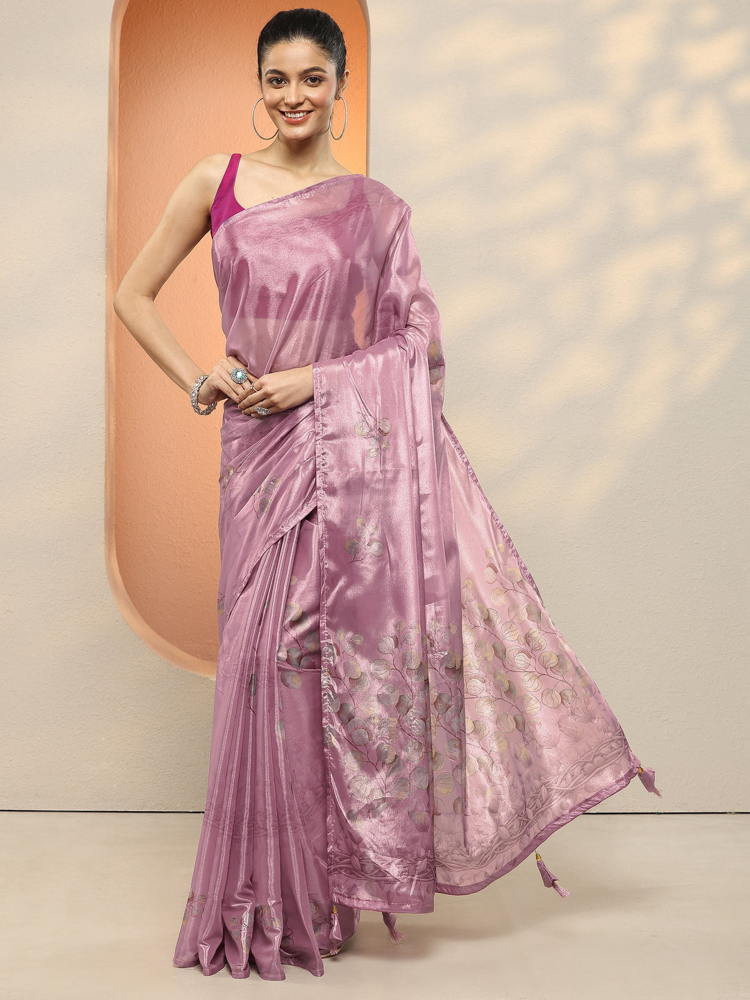 Mauve Printed Silk Blend Sarees With Unstitched Blouse Piece