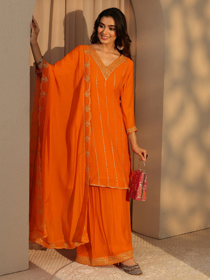 Libas Tangerine Embellished Yoke Chanderi Cotton Palazzo Suit Set