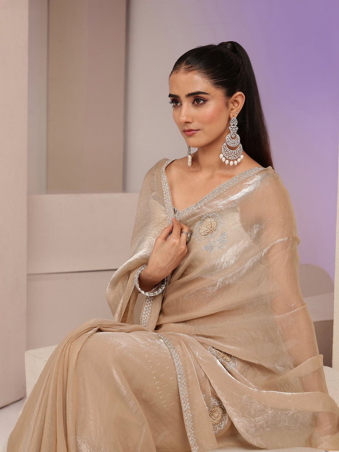 Taupe Floral Embellished Silk Blend Saree