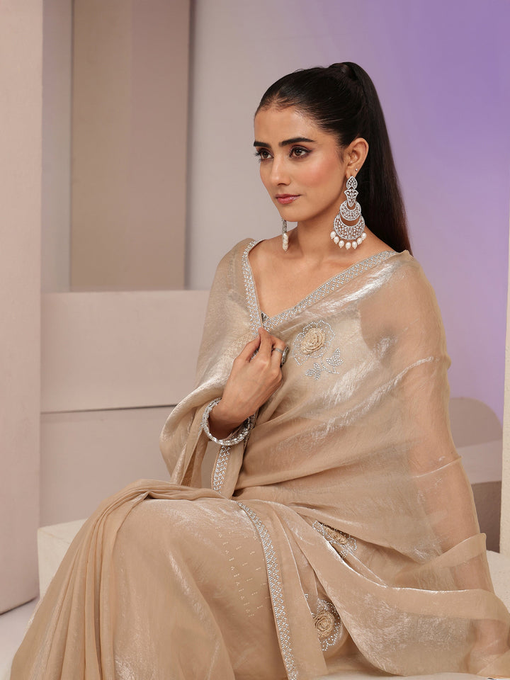 Libas Taupe Floral Embellished Silk Blend Saree