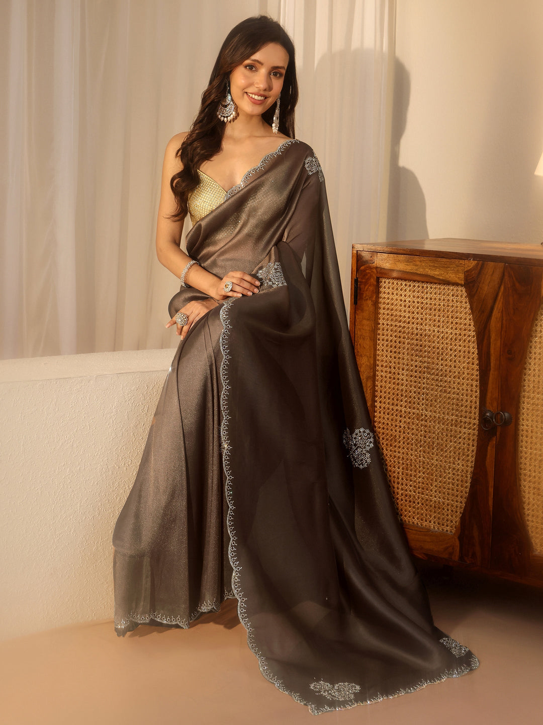 Libas Taupe Floral Embellished Tissue Saree