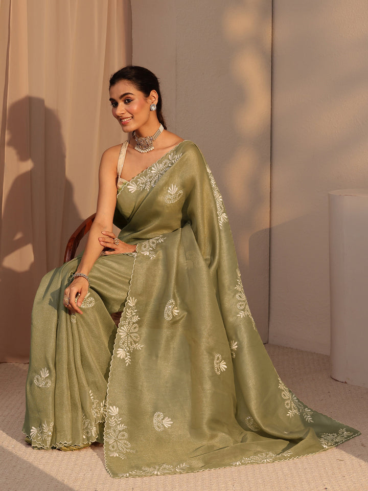 Libas Taupe Floral Embroidered Net Saree