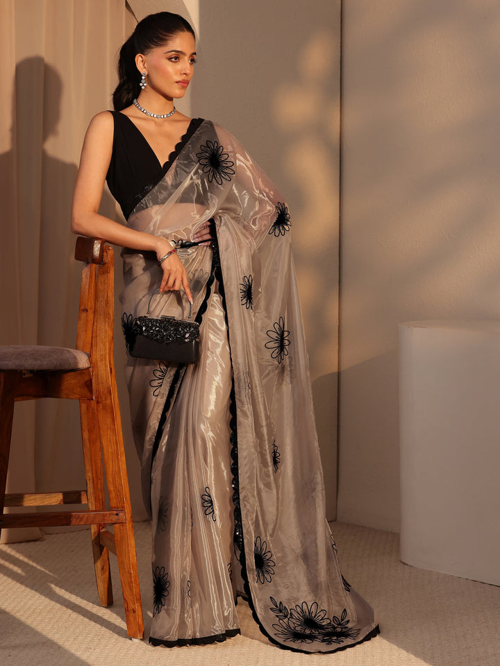 Libas Taupe Floral Embroidered Tissue Saree