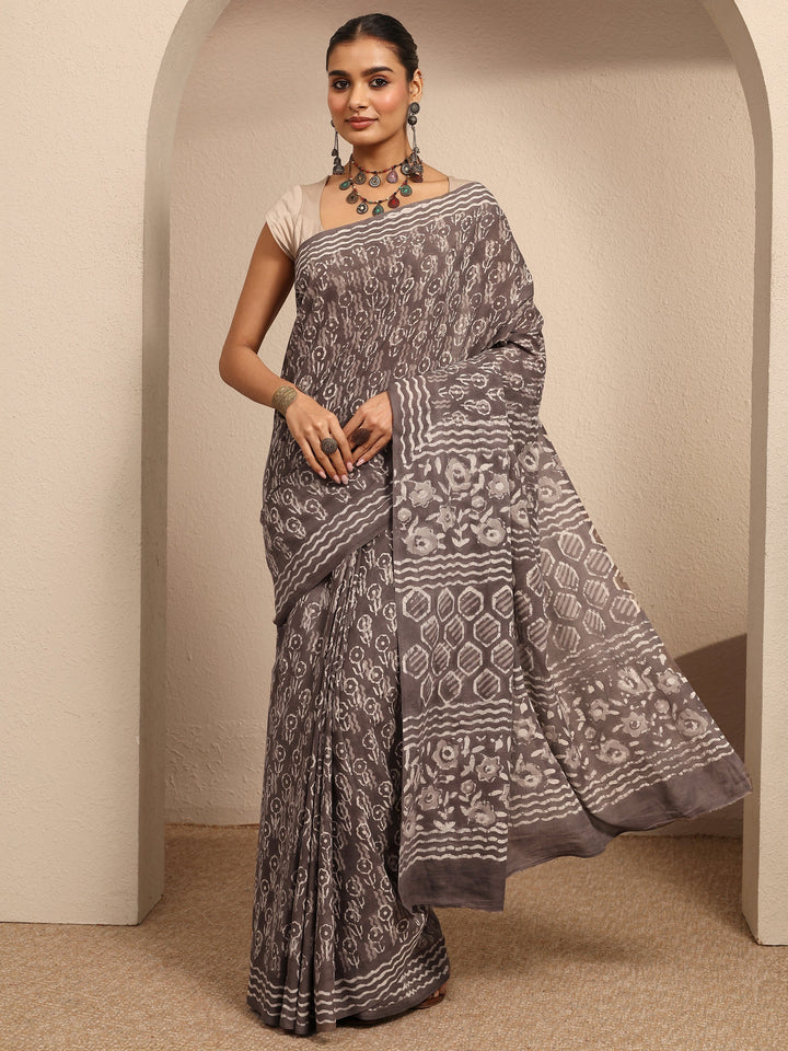 Taupe Printed Cotton Bagh Saree With Unstitched Blouse Piece