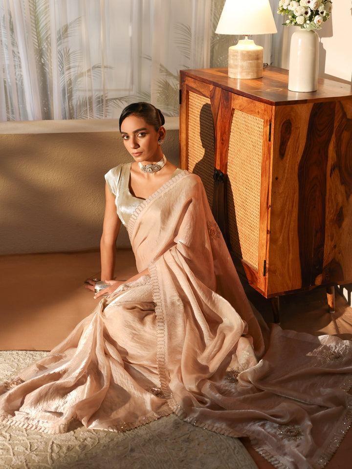 Taupe Embellished Silk Blend Saree
