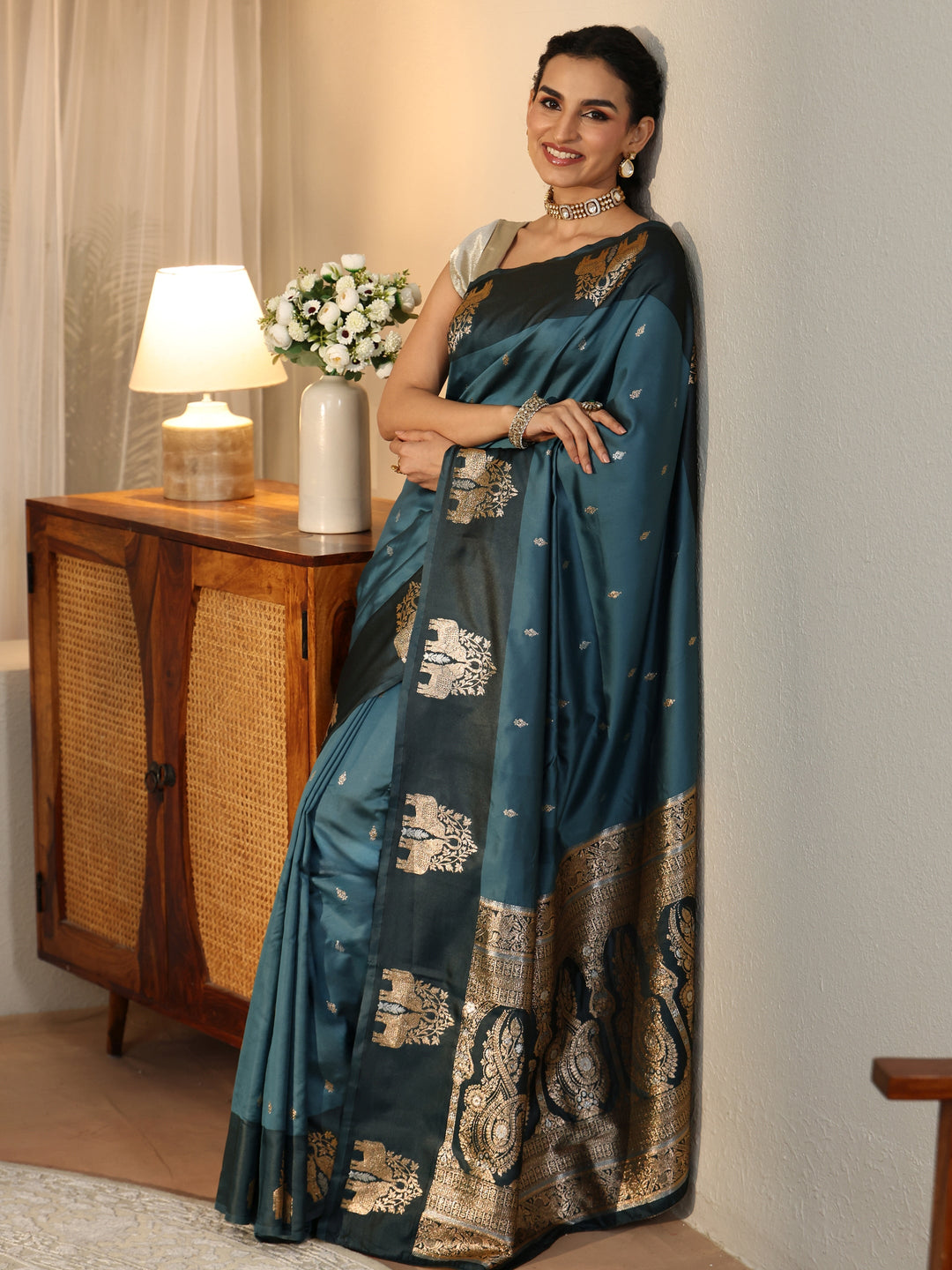 Libas Teal Blue Elephant Woven Design Silk Blend Saree