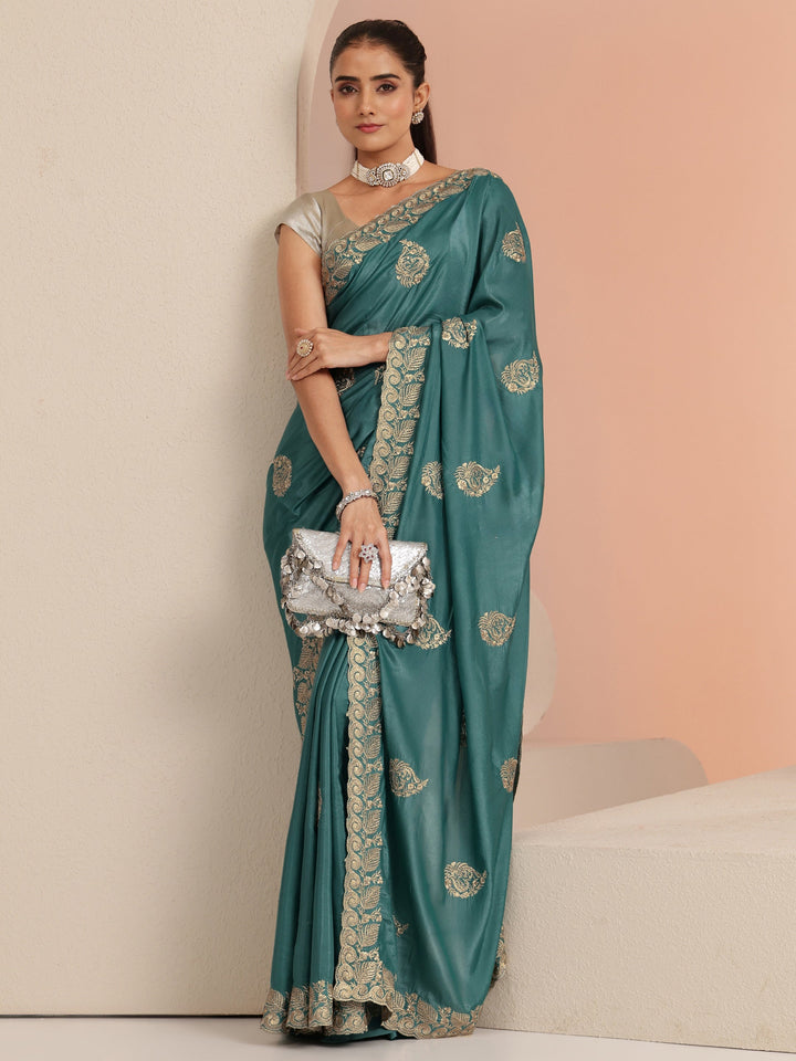 Libas Teal Blue Ethnic Embroidered Satin Saree