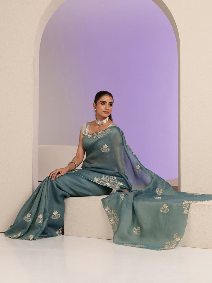 Libas Teal Blue Floral Embroidered Net Saree