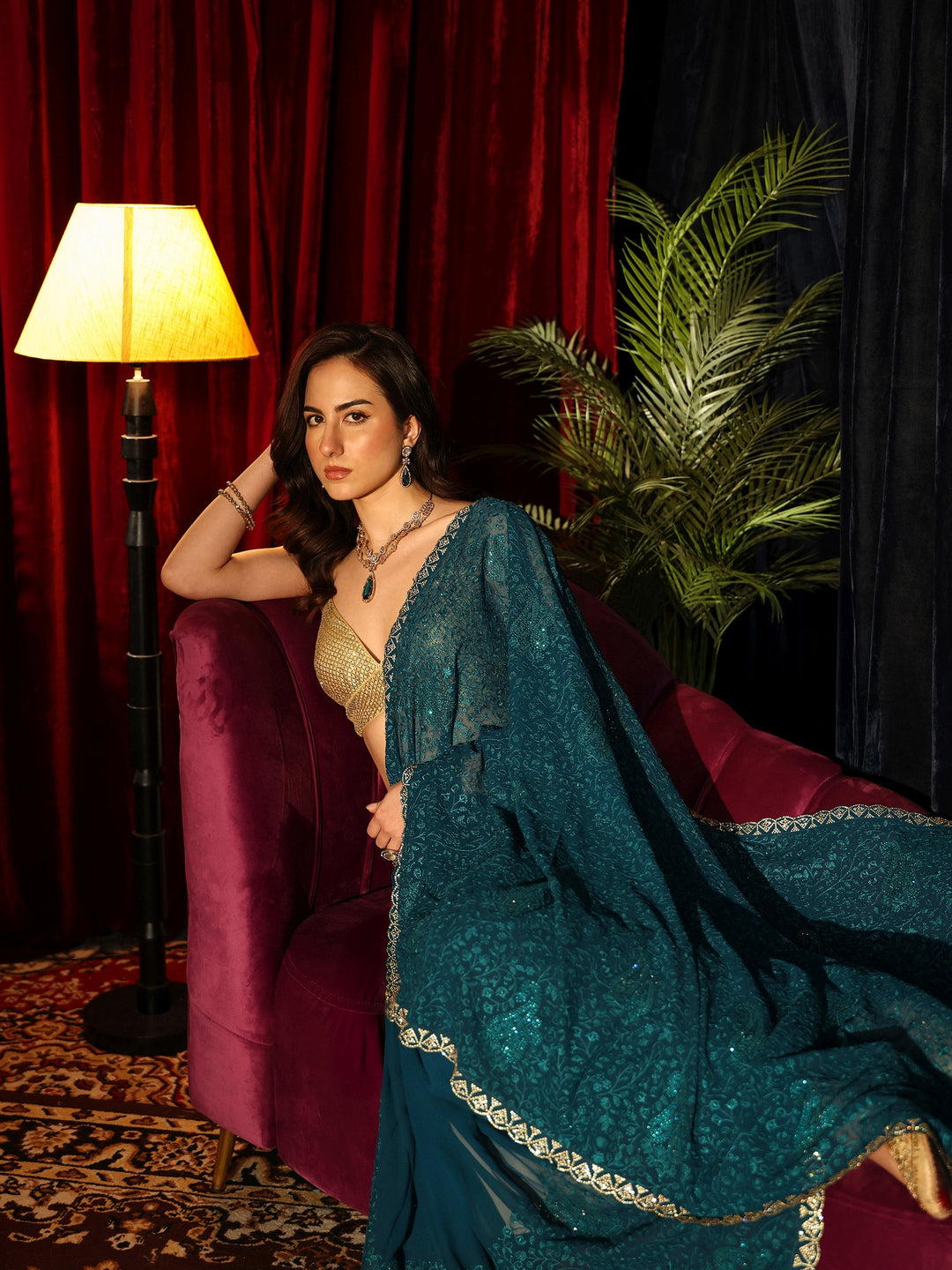 Libas Teal Blue Paisley Embroidered Georgette Saree
