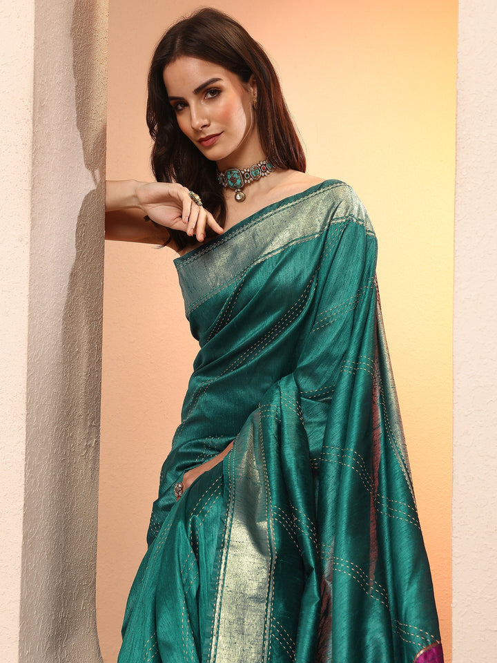 Teal Embellished Silk Blend Sarees With Unstitched Blouse Piece