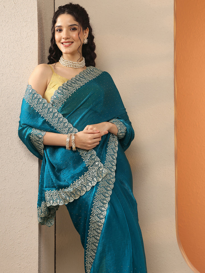 Teal Embellished Organza Saree With Unstitched Blouse Piece