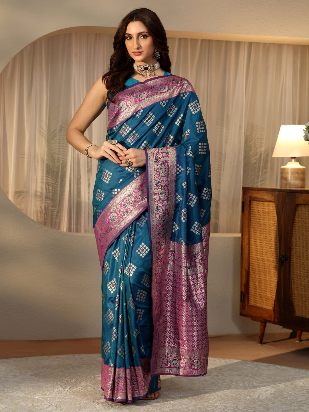 Libas Teal Geometric Woven Design Silk Blend Saree