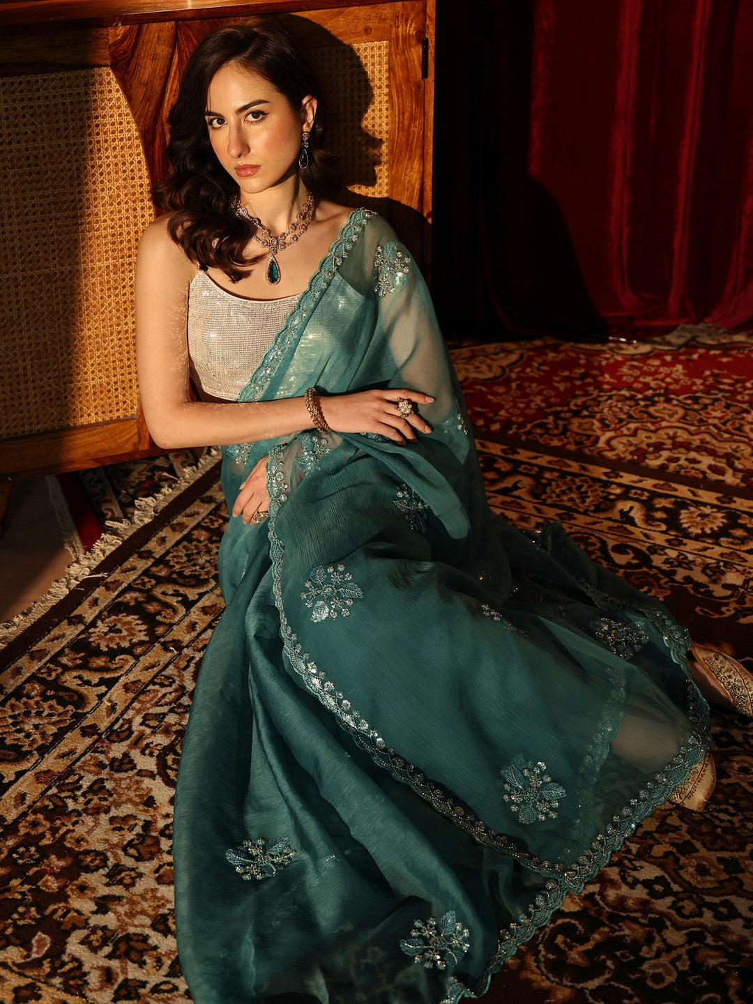 Libas Teal Green Chiffon Saree with Embellished Floral Motifs