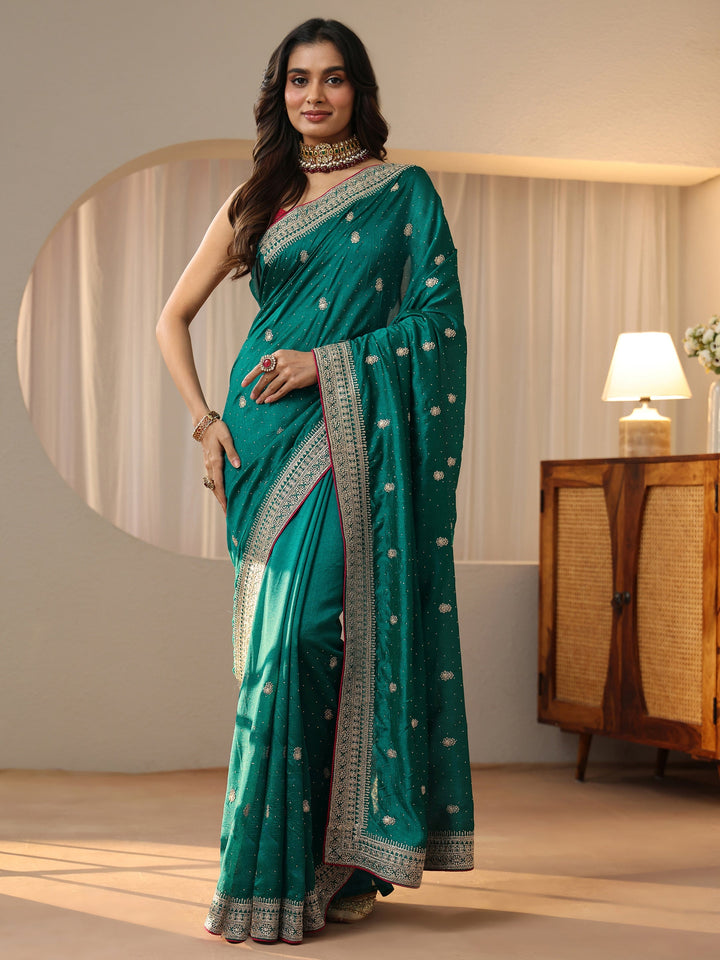 Libas Teal Green Embellished Silk Blend Saree