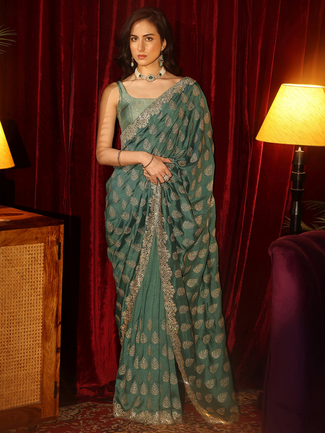 Libas Teal Green Floral Embroidered Silk Blend Saree