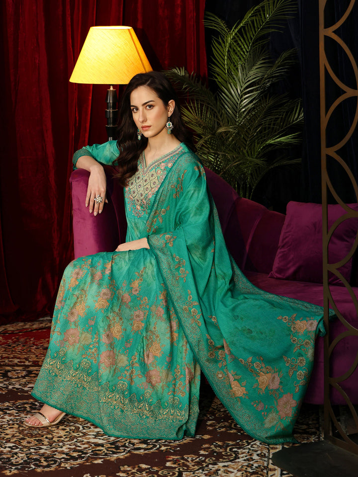 Libas Teal Green Floral Printed Cotton Anarkali Suit Set
