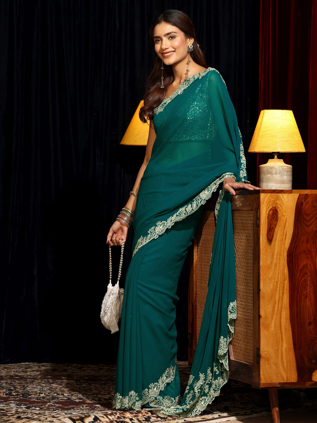 Libas Teal Green Georgette Saree with Embroidered Border