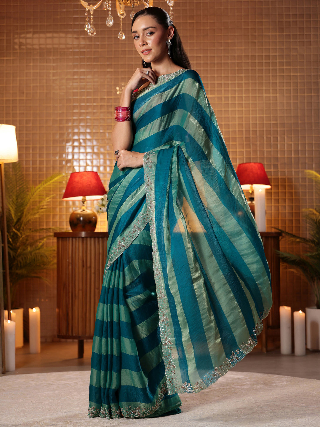 Teal Green Striped Silk Blend Saree