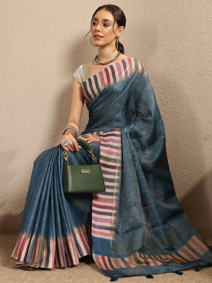 Teal Printed Silk Blend Saree With Unstitched Blouse Piece