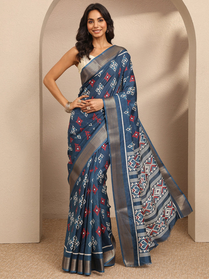 Teal Ikkat Printed Silk Blend Saree With Unstitched Blouse Piece