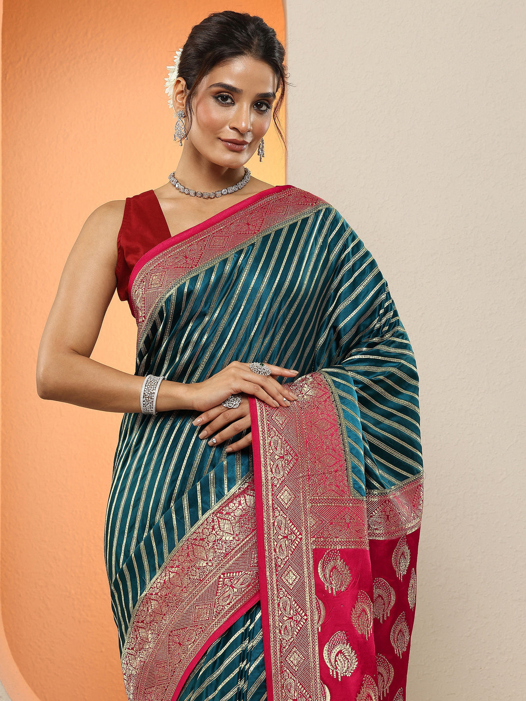 Teal Woven Design Silk Blend Sarees With Unstitched Blouse Piece
