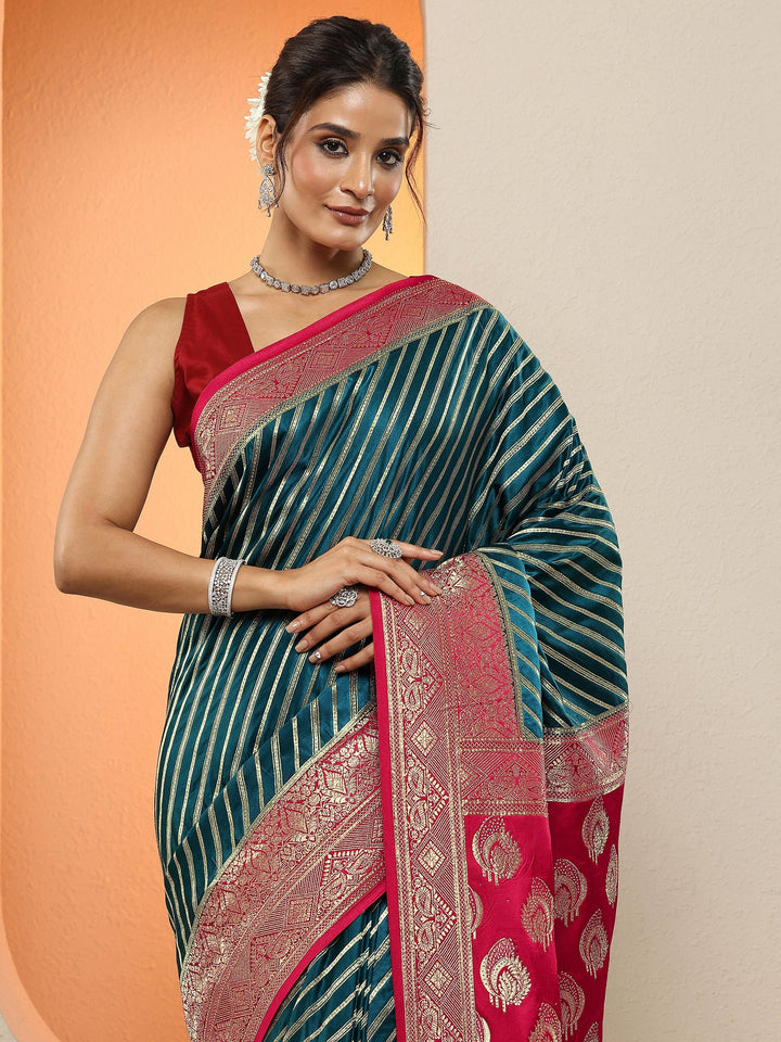 Teal Woven Design Silk Blend Sarees With Unstitched Blouse Piece