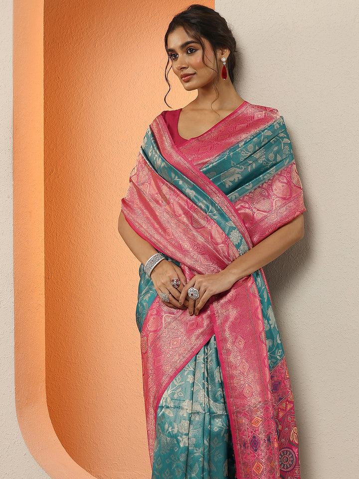 Teal Woven Design Silk Blend Sarees With Unstitched Blouse Piece