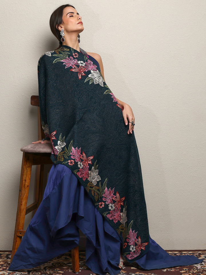 Teal Woven Design Wool Wrap Shawl 