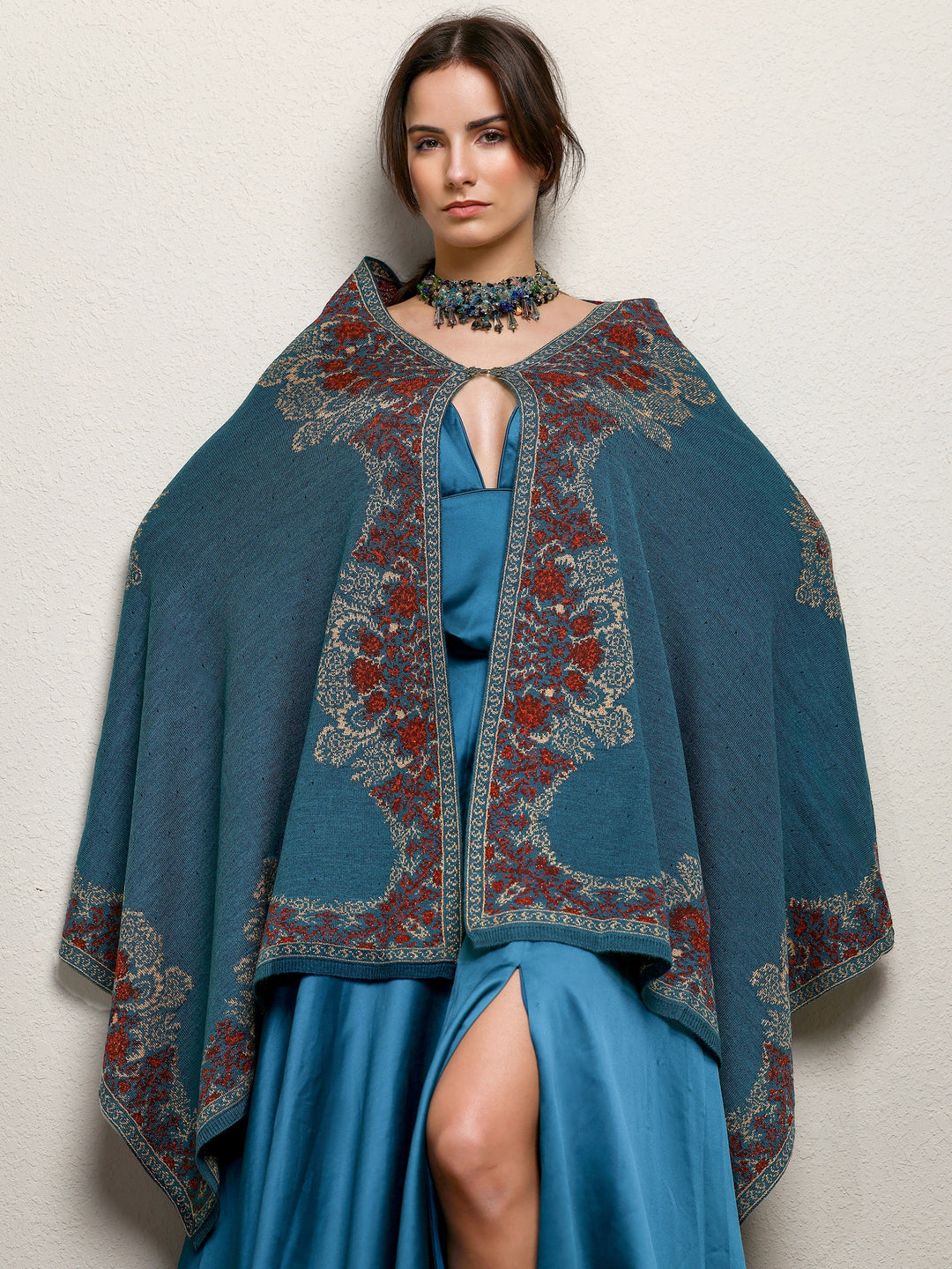 Teal Woven Design Wool Wrap Shawl 