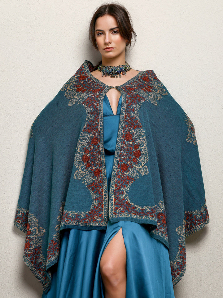 Teal Woven Design Wool Wrap Shawl 