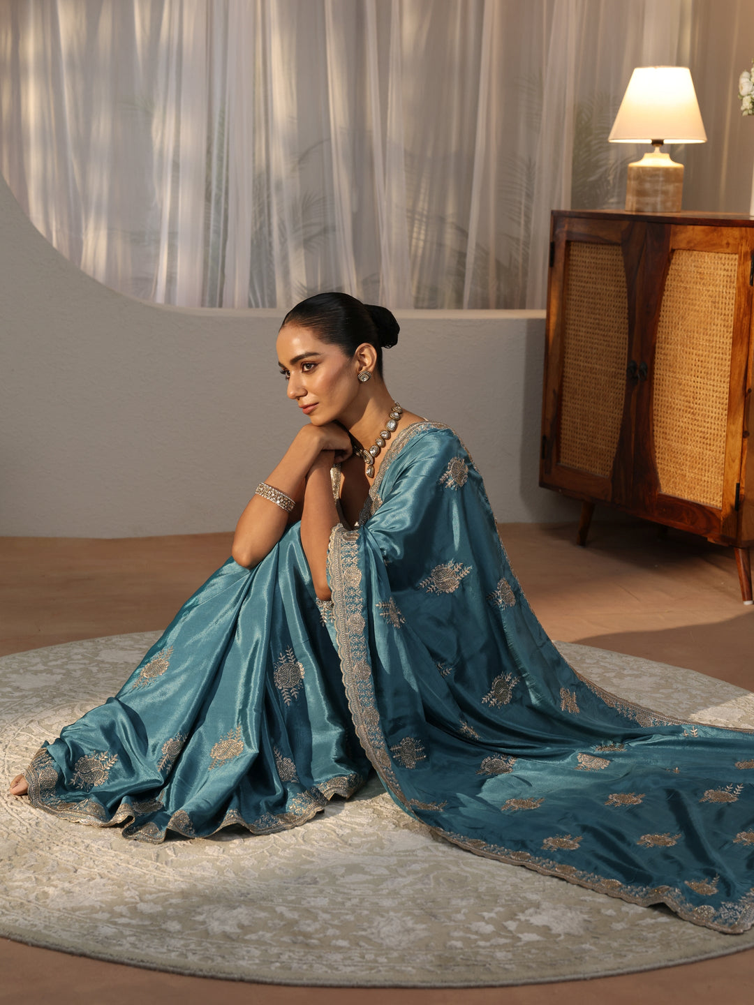 Teal Blue Ethnic Embroidered Satin Saree